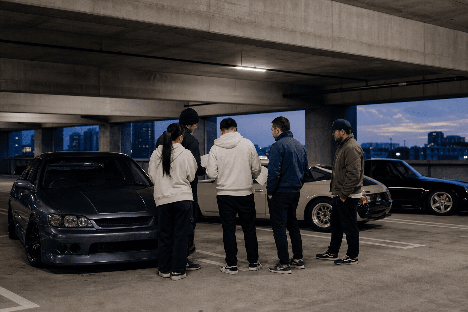 Five car enthusiasts reviewing a route together in a parking garage